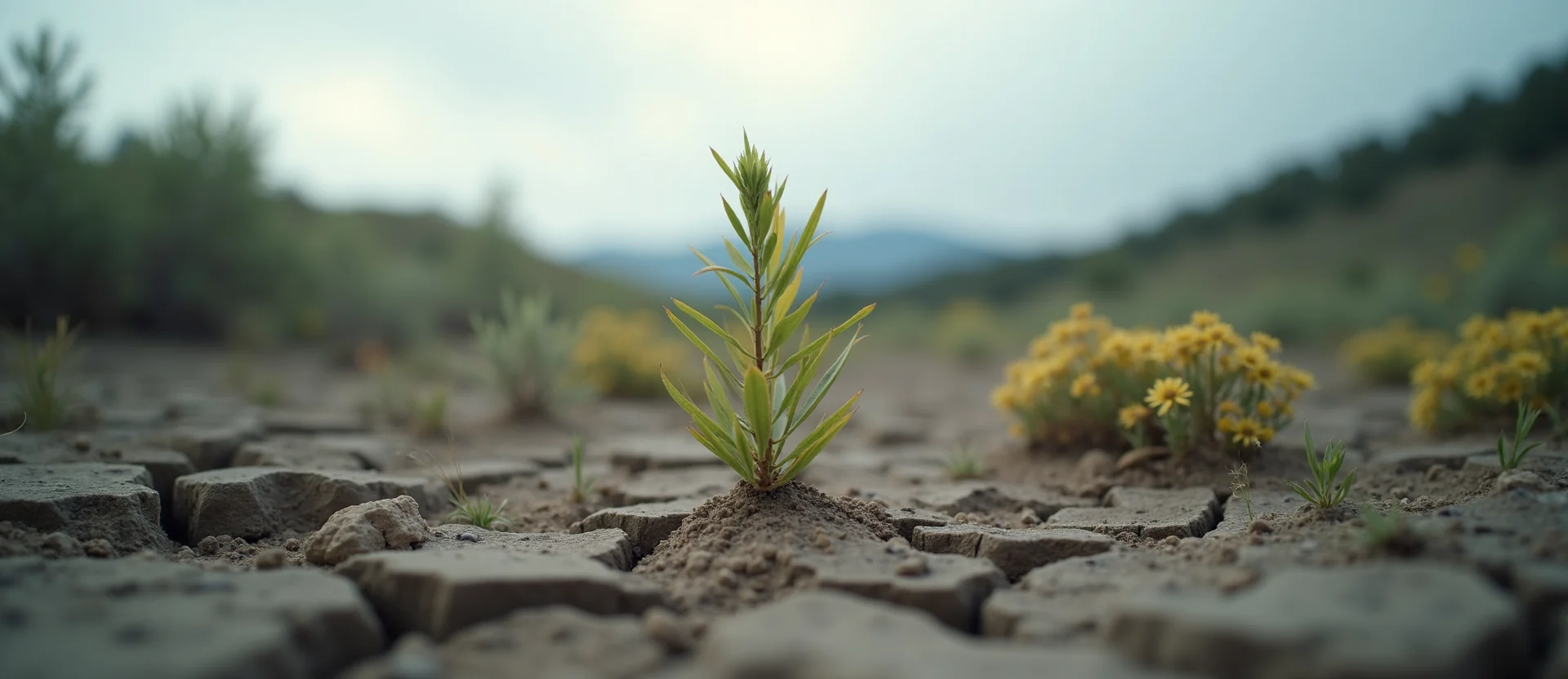 Symbolizing Seed/New Beginning: A local Indian Paintbrush shoot emerging from cracked soil. - AI Generated