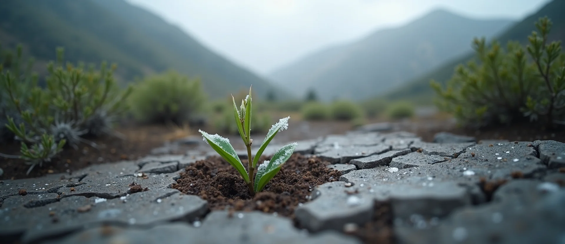 Symbolizing Seed/New Beginning: A local Mountain Mahogany shoot emerging from cracked soil. - AI Generated