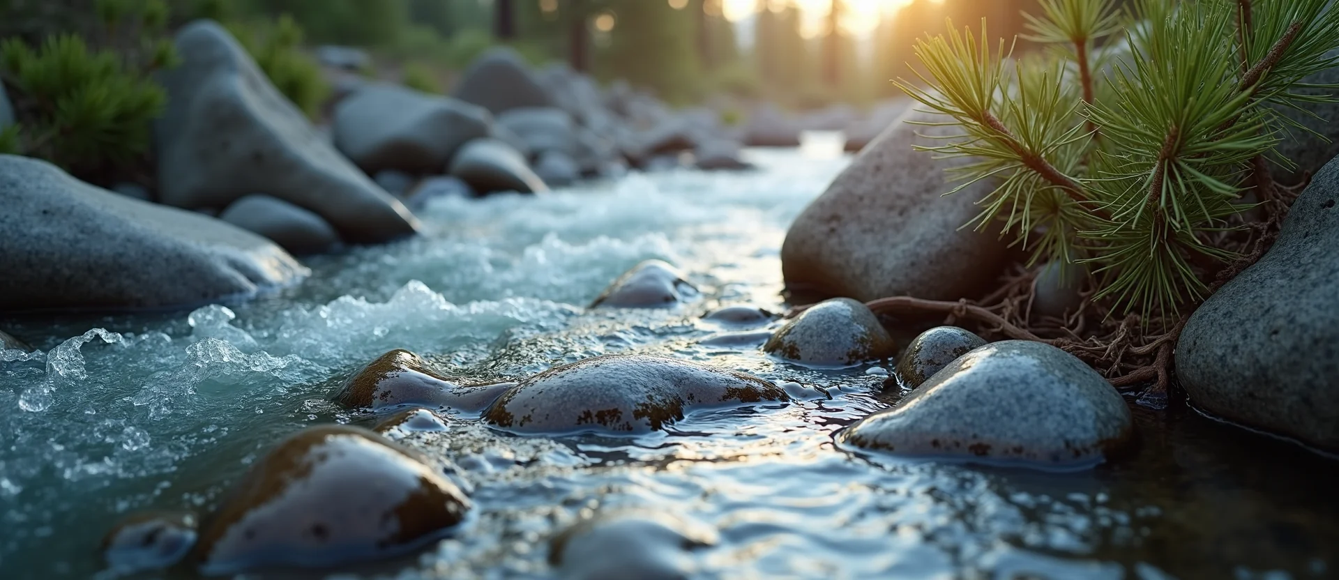 Symbolizing Flow/Cleansing: A local Sierra Juniper clear cold snowmelt stream. - AI Generated