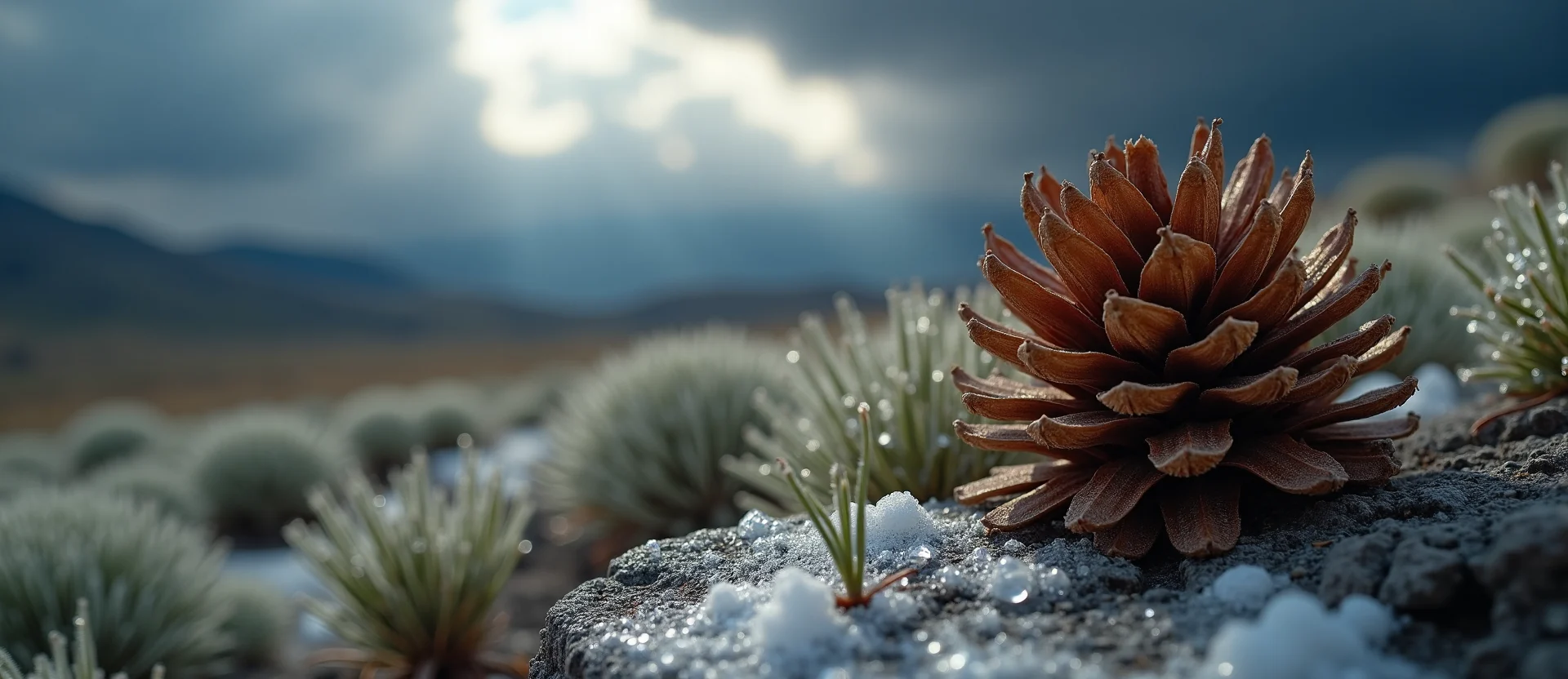 Symbolizing Seed/New Beginning: A local Rabbitbrush opening pine cone. - AI Generated