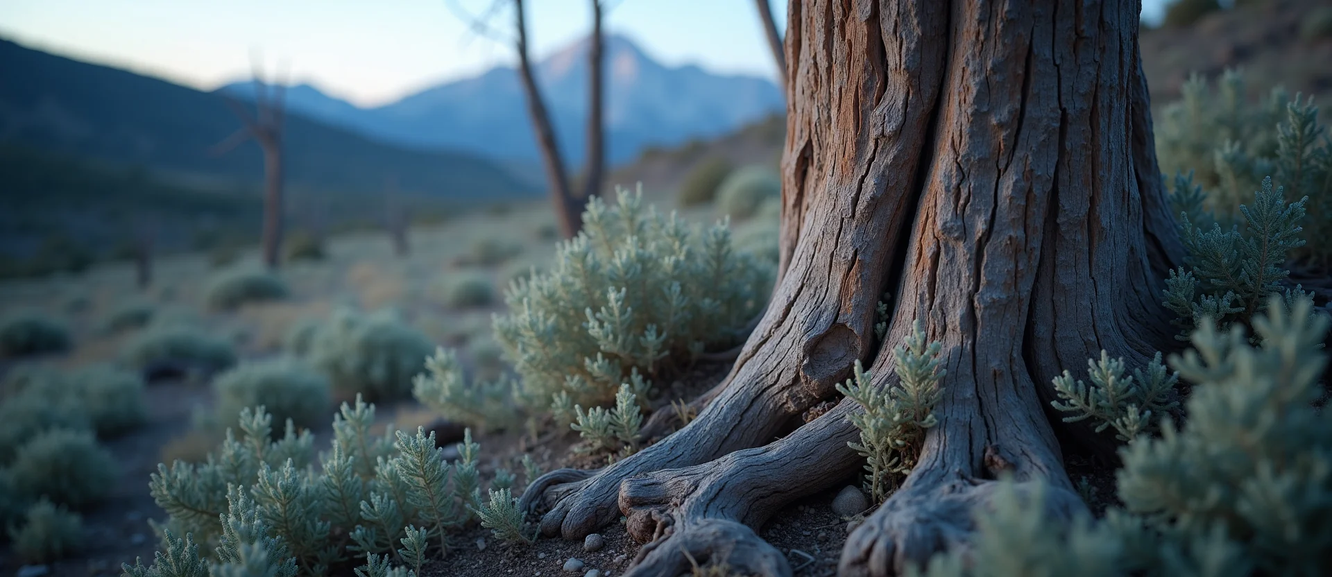 Symbolizing Growth/Resilience: A local Sagebrush (Artemisia tridentata) sturdy weathered tree trunk. - AI Generated