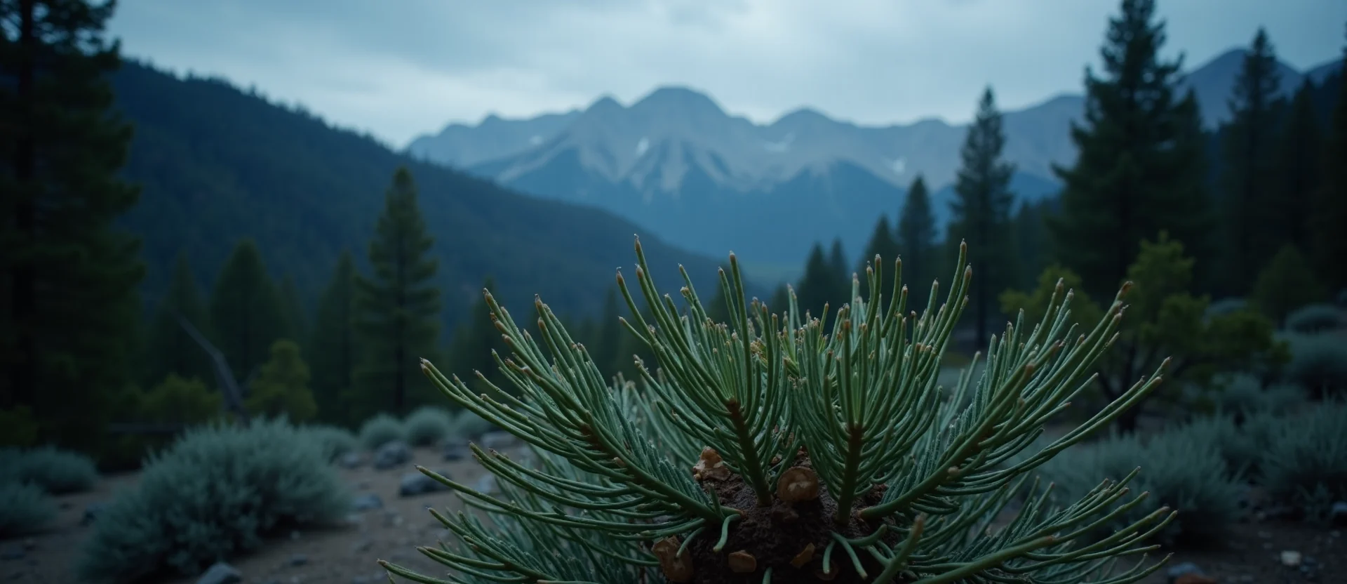 Symbolizing Flow/Cleansing: A local Ponderosa Pine raindrops on desert leaves. - AI Generated