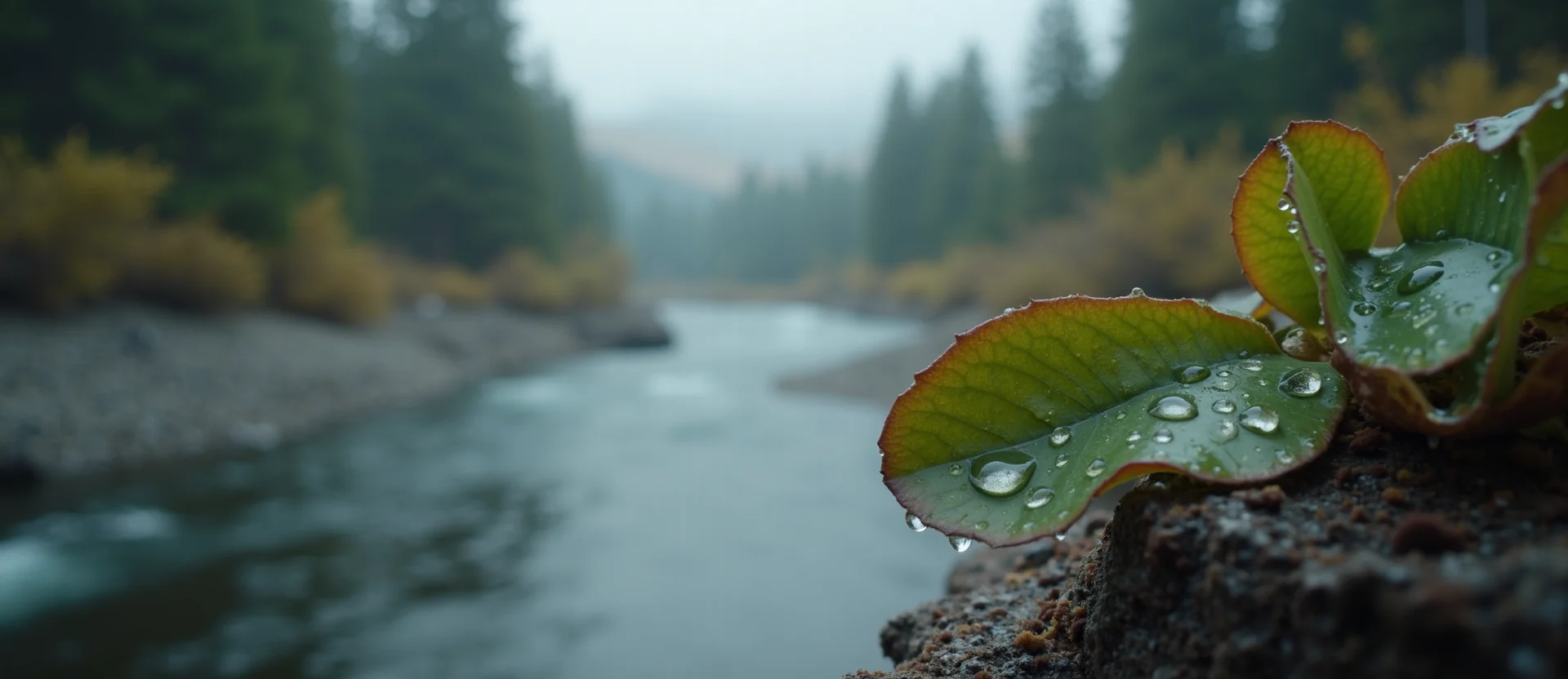 Symbolizing Flow/Cleansing: A local Desert Peach raindrops on desert leaves. - AI Generated