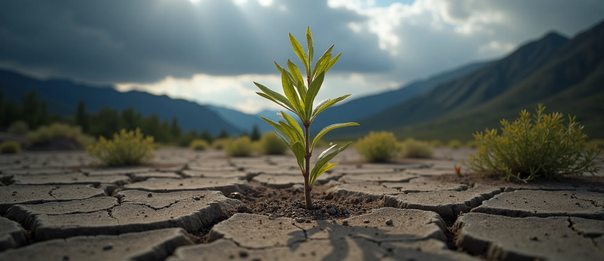 Symbolizing Seed/New Beginning: A local Sierra Juniper shoot emerging from cracked soil. - AI Generated