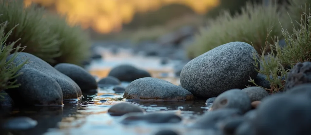 Symbolizing Flow/Cleansing: A local Bitterbrush smooth Truckee river stones. - AI Generated