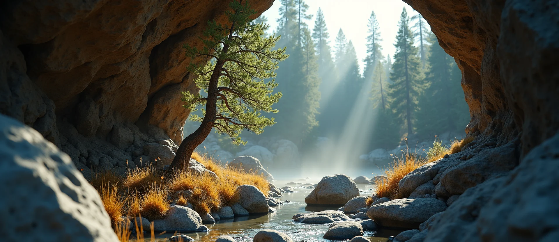 Symbolizing Growth/Resilience: A local Ponderosa Pine tree growing out of a rock cleft. - AI Generated