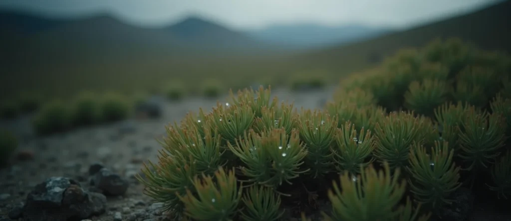 Symbolizing Flow/Cleansing: A local Indian Paintbrush raindrops on desert leaves. - AI Generated