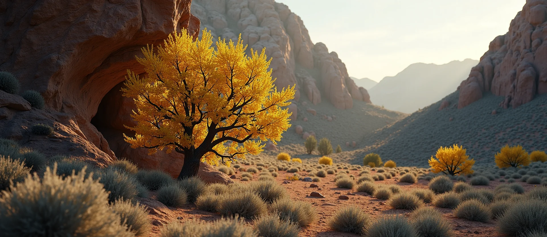 Symbolizing Growth/Resilience: A local Rabbitbrush tree growing out of a rock cleft. - AI Generated