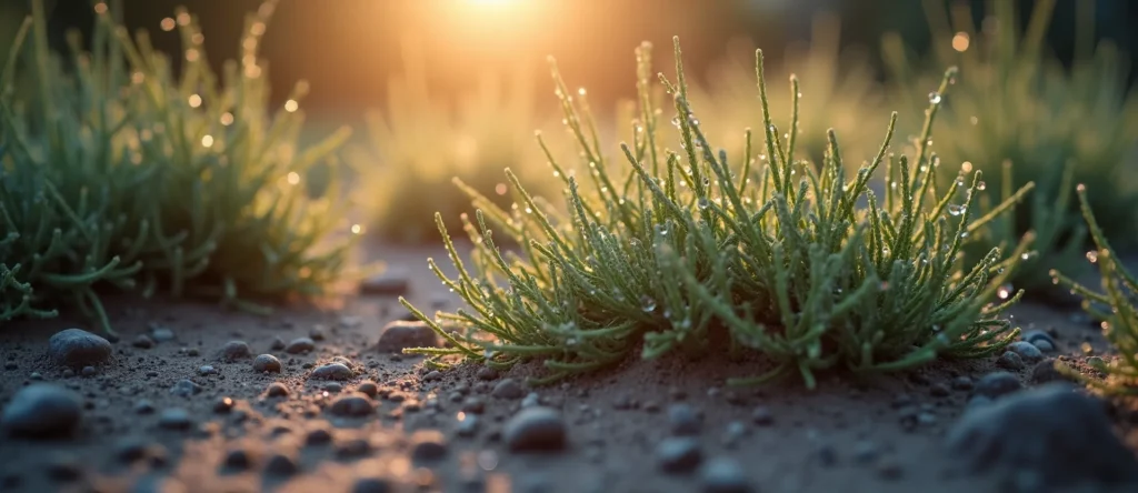 Symbolizing Flow/Cleansing: A local Sagebrush (Artemisia tridentata) raindrops on desert leaves. - AI Generated