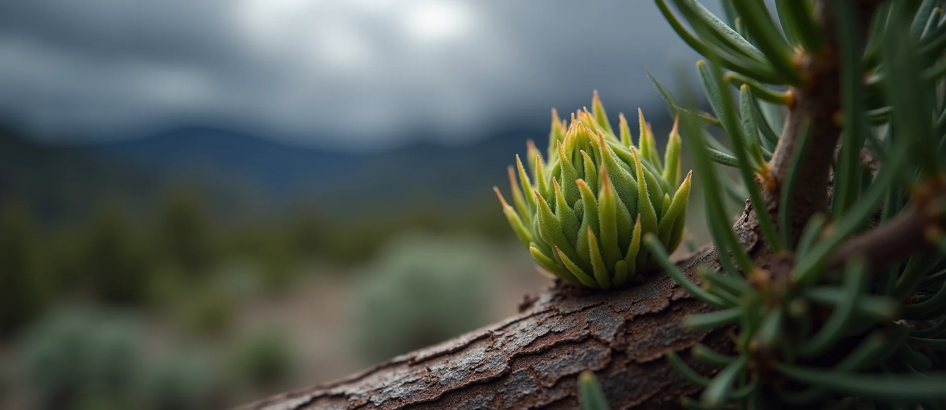 Symbolizing Seed/New Beginning: A local Manzanita new green bud on a branch. - AI Generated