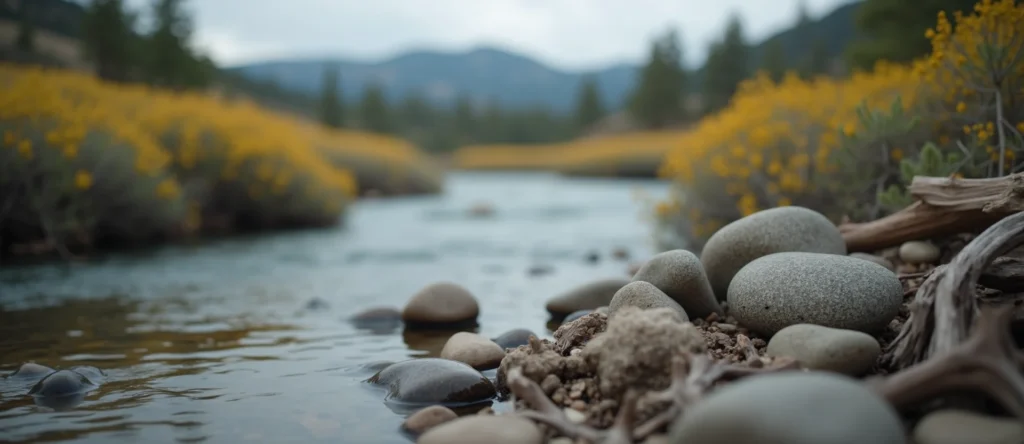 Symbolizing Flow/Cleansing: A local Rabbitbrush smooth Truckee river stones. - AI Generated