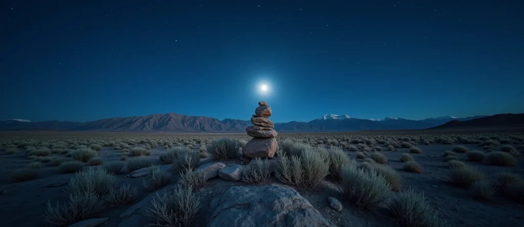 Symbolizing Stability/Peak: A local Desert Peach ancient rock cairn. - AI Generated