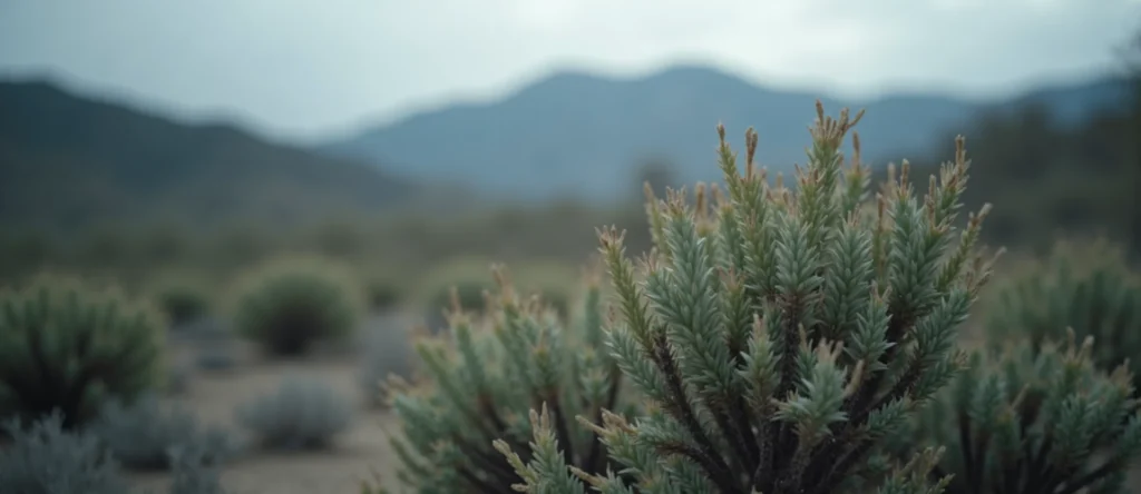 Symbolizing Flow/Cleansing: A local Desert Peach raindrops on desert leaves. - AI Generated