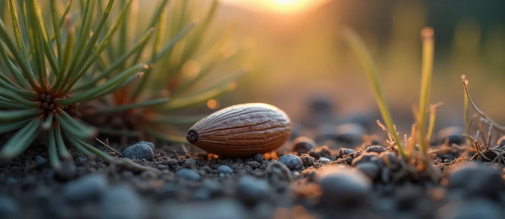 Symbolizing Seed/New Beginning: A local Bitterbrush single pine seed on dry earth. - AI Generated