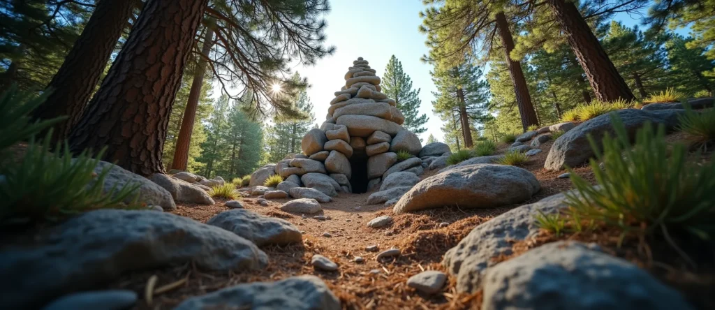 Symbolizing Stability/Peak: A local Ponderosa Pine ancient rock cairn. - AI Generated