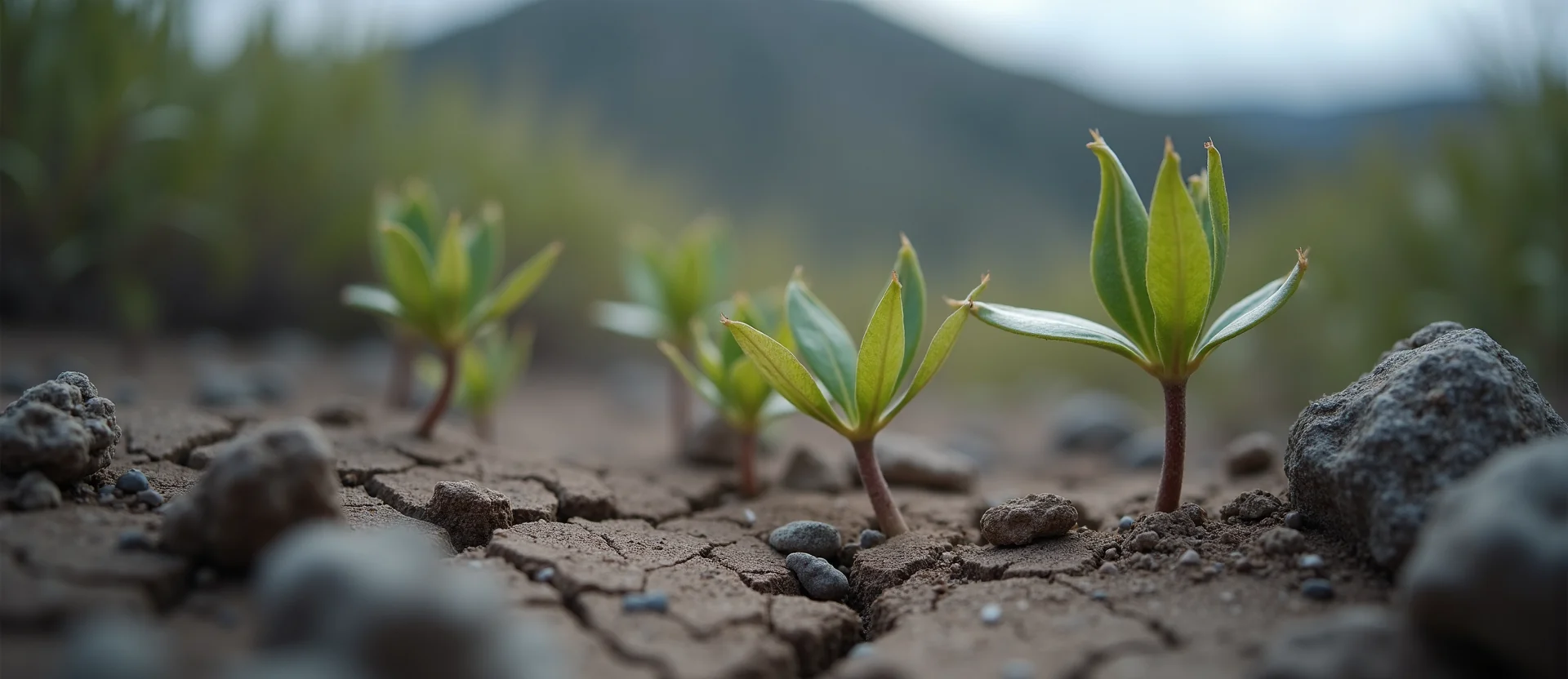 Symbolizing Seed/New Beginning: A local Mountain Mahogany shoot emerging from cracked soil. - AI Generated