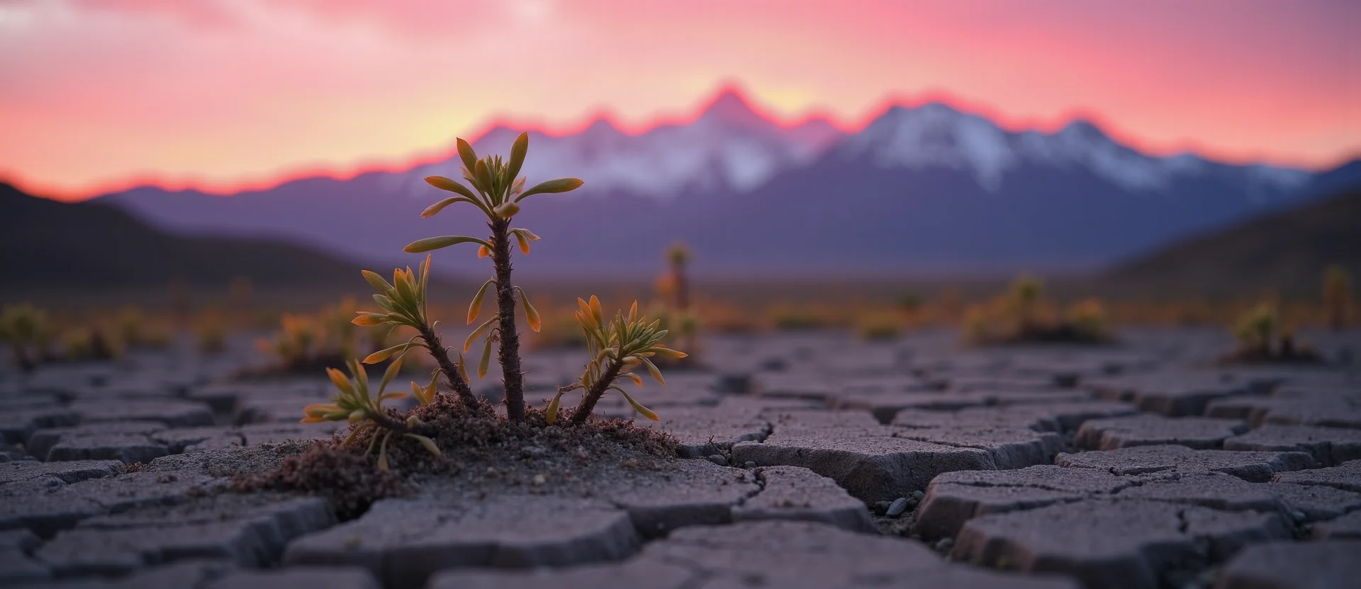 Symbolizing Seed/New Beginning: A local Rabbitbrush shoot emerging from cracked soil. - AI Generated