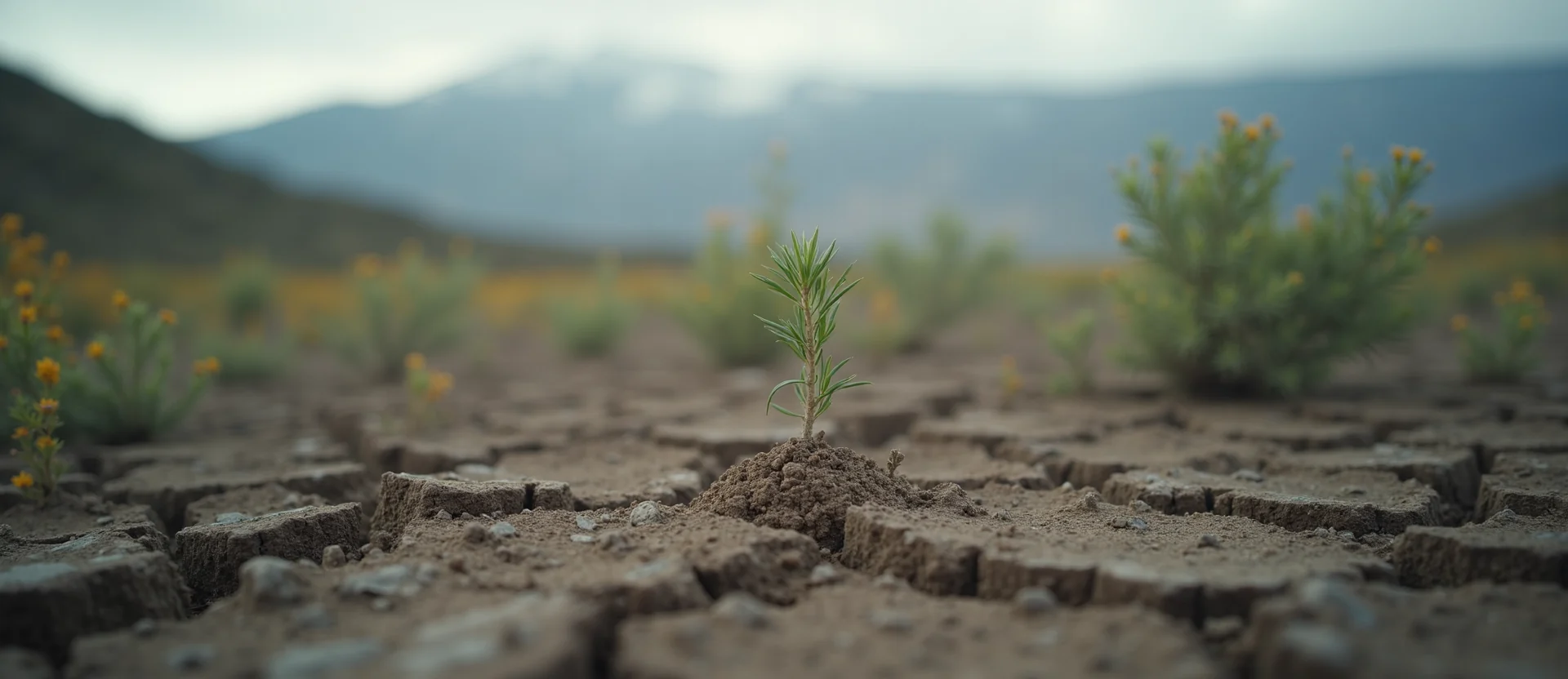 Symbolizing Seed/New Beginning: A local Rabbitbrush shoot emerging from cracked soil. - AI Generated