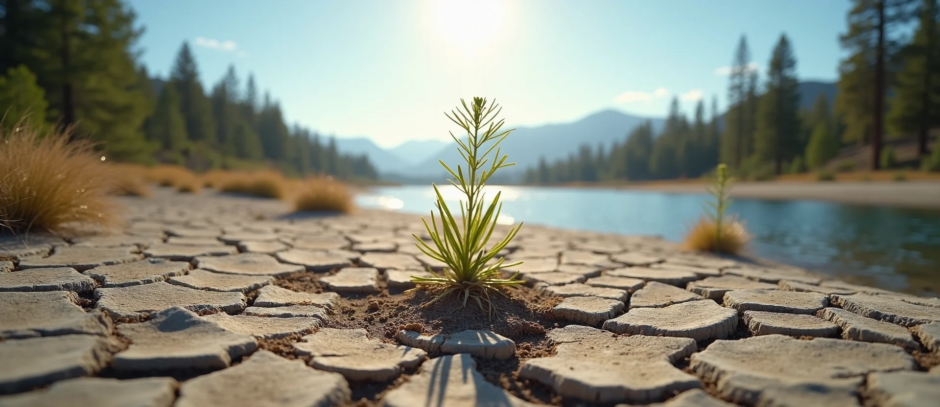 Symbolizing Seed/New Beginning: A local Ponderosa Pine shoot emerging from cracked soil. - AI Generated