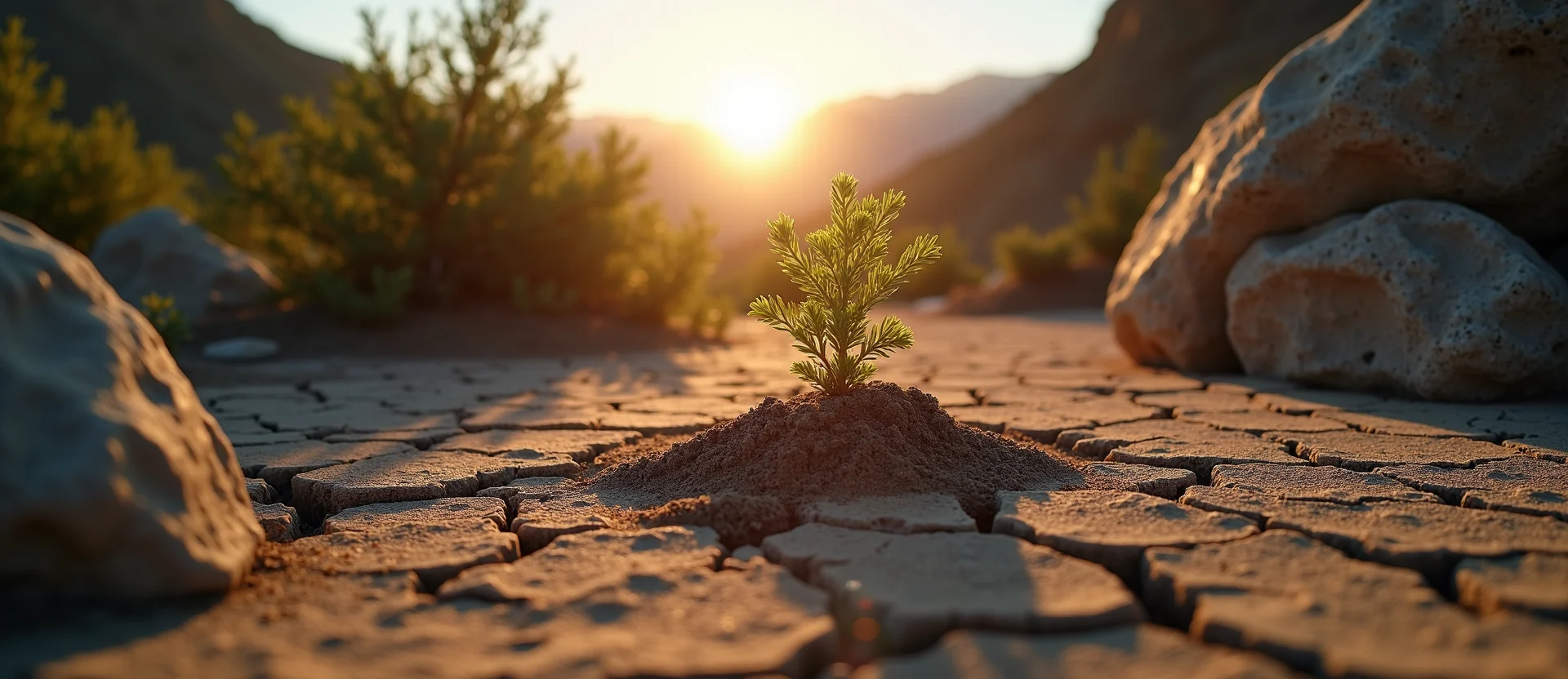 Symbolizing Seed/New Beginning: A local Mountain Mahogany shoot emerging from cracked soil. - AI Generated