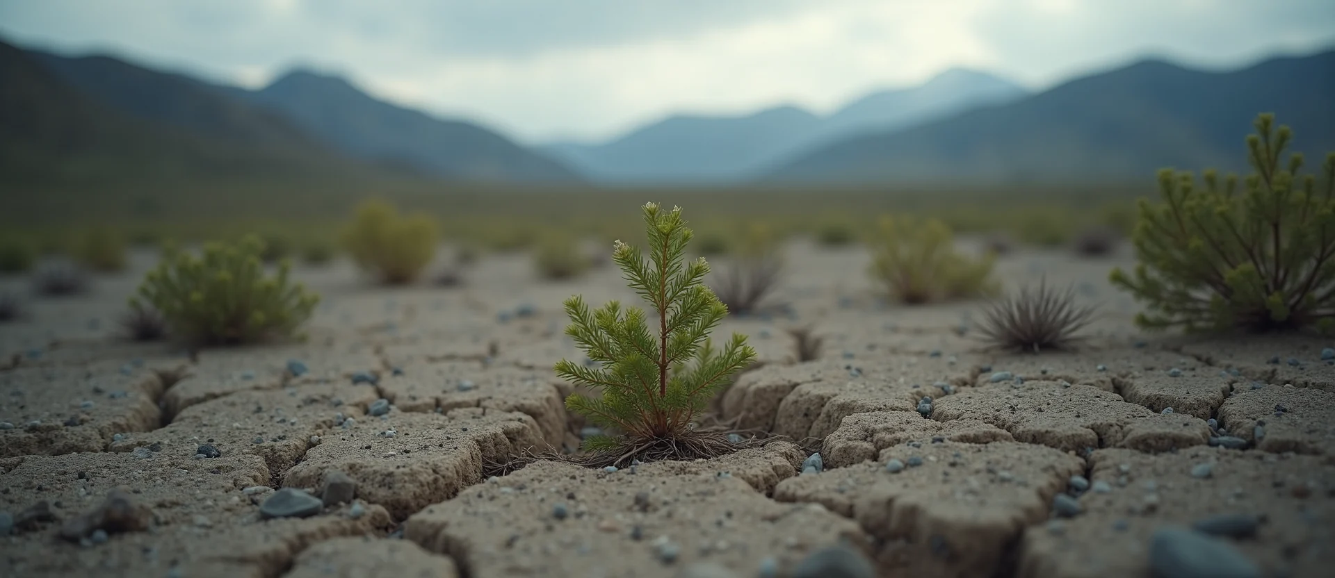 Symbolizing Seed/New Beginning: A local Sierra Juniper shoot emerging from cracked soil. - AI Generated