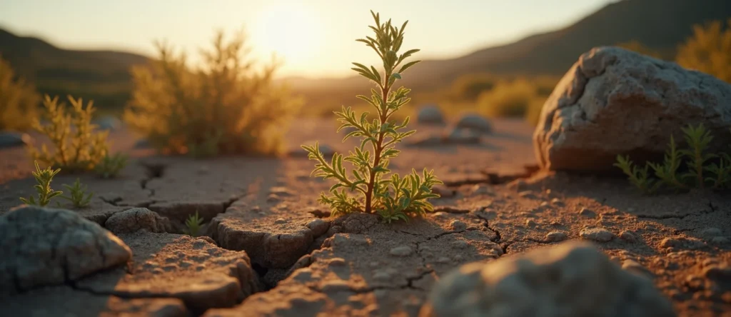 Symbolizing Seed/New Beginning: A local Sagebrush (Artemisia tridentata) shoot emerging from cracked soil. - AI Generated