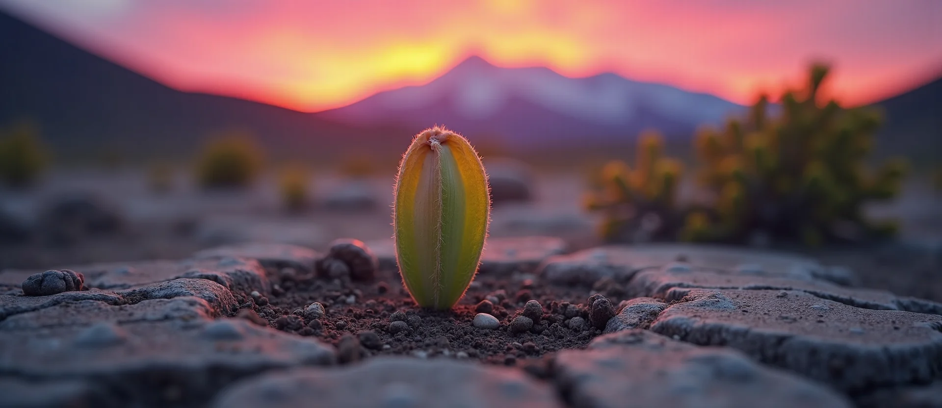 Symbolizing Seed/New Beginning: A local Desert Peach shoot emerging from cracked soil. - AI Generated