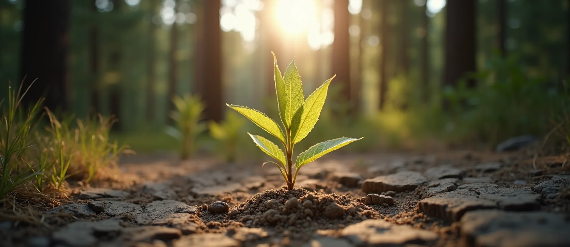 Symbolizing Seed/New Beginning: A local Ponderosa Pine shoot emerging from cracked soil. - AI Generated