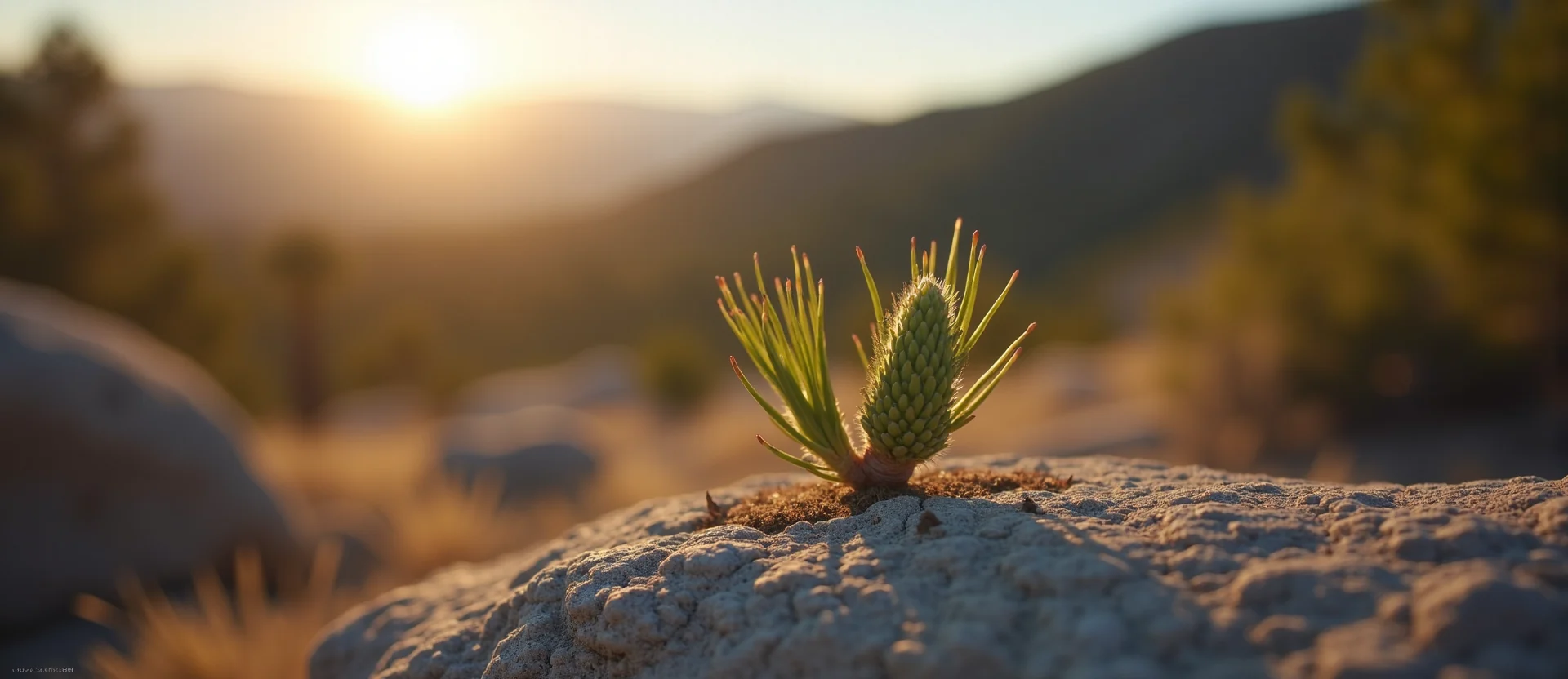 Symbolizing Seed/New Beginning: A local Ponderosa Pine new green bud on a branch. - AI Generated