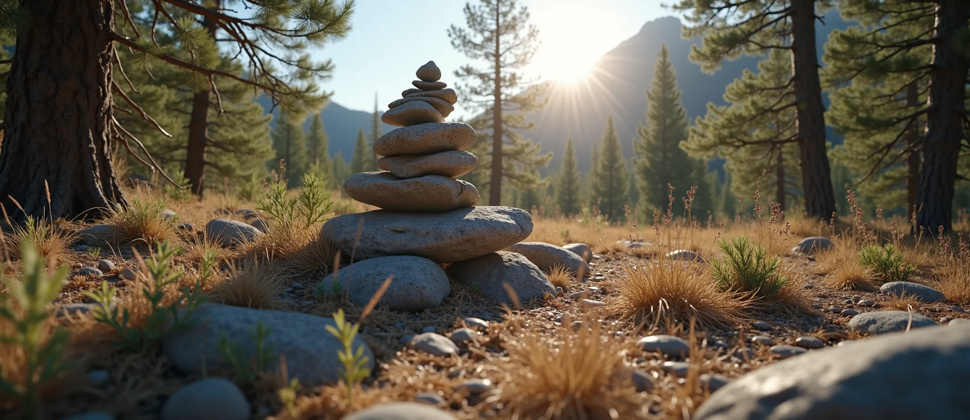 Symbolizing Stability/Peak: A local Ponderosa Pine ancient rock cairn. - AI Generated