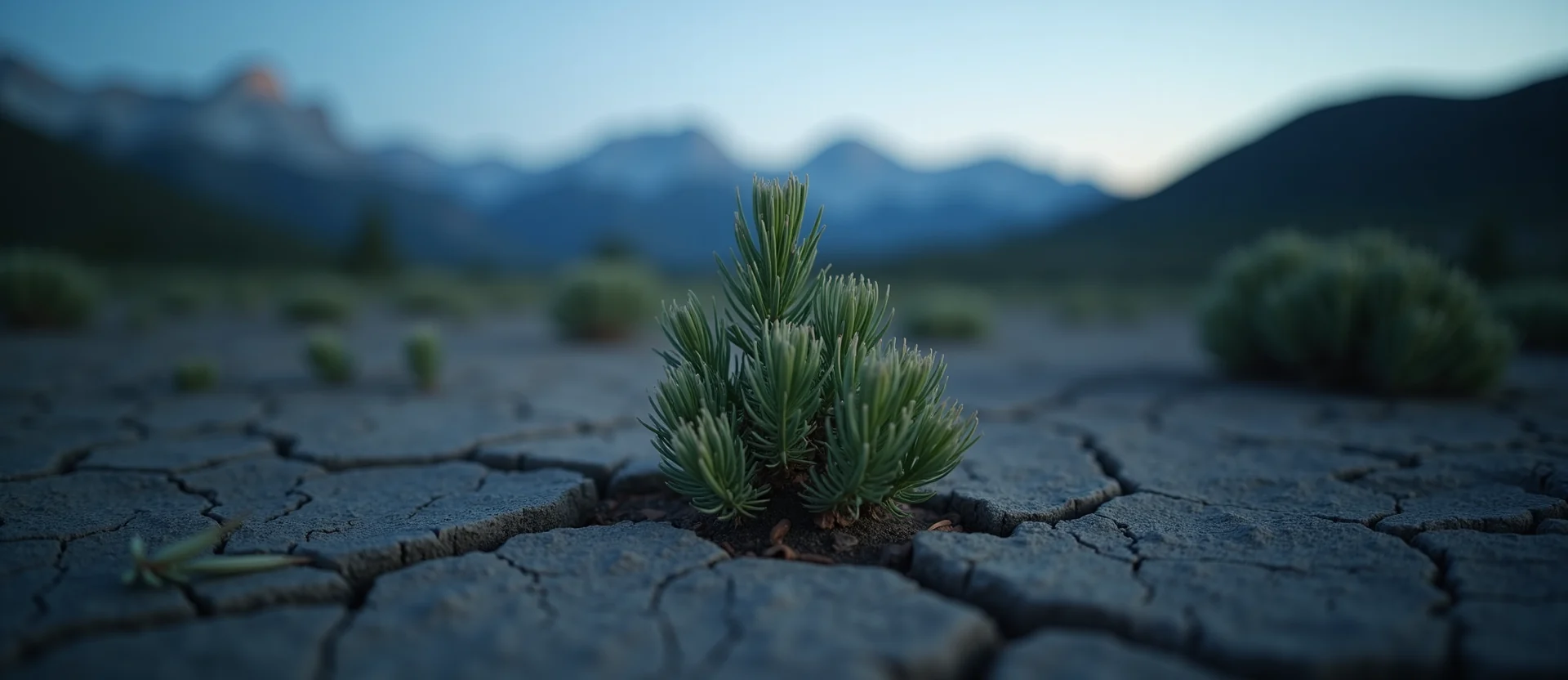 Symbolizing Seed/New Beginning: A local Sagebrush (Artemisia tridentata) shoot emerging from cracked soil. - AI Generated