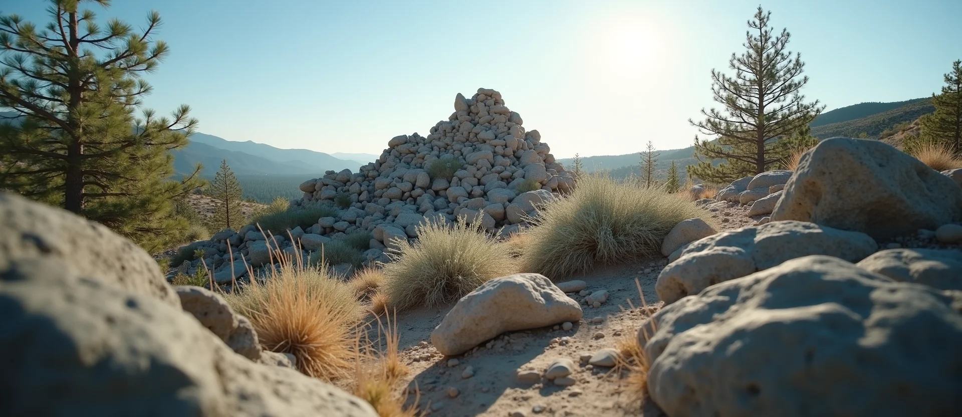 Symbolizing Stability/Peak: A local Sierra Juniper ancient rock cairn. - AI Generated