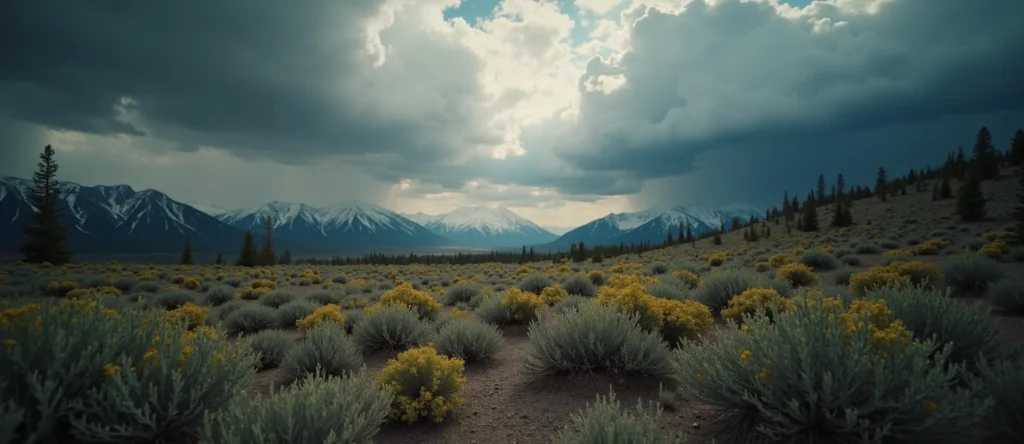 Symbolizing Stability/Peak: A local Indian Paintbrush distant Sierra horizon. - AI Generated