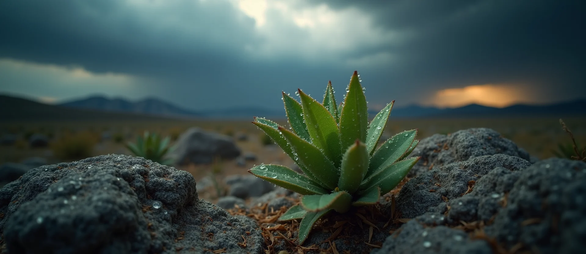Symbolizing Flow/Cleansing: A local Desert Peach raindrops on desert leaves. - AI Generated