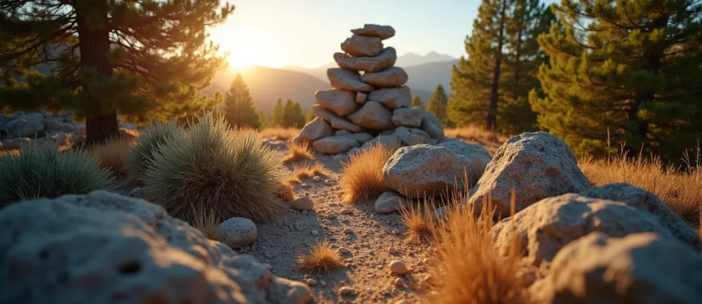 Symbolizing Stability/Peak: A local Sierra Juniper ancient rock cairn. - AI Generated