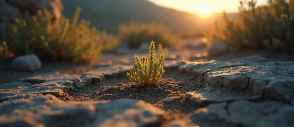 Symbolizing Seed/New Beginning: A local Manzanita shoot emerging from cracked soil. - AI Generated