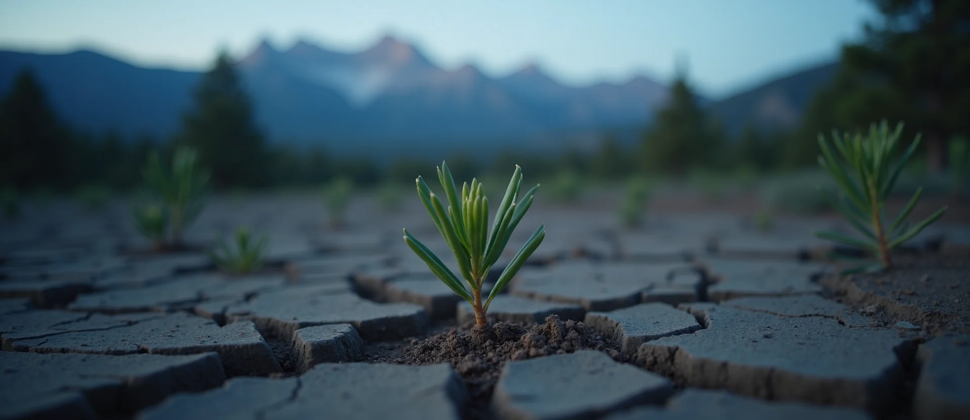 Symbolizing Seed/New Beginning: A local Sierra Juniper shoot emerging from cracked soil. - AI Generated
