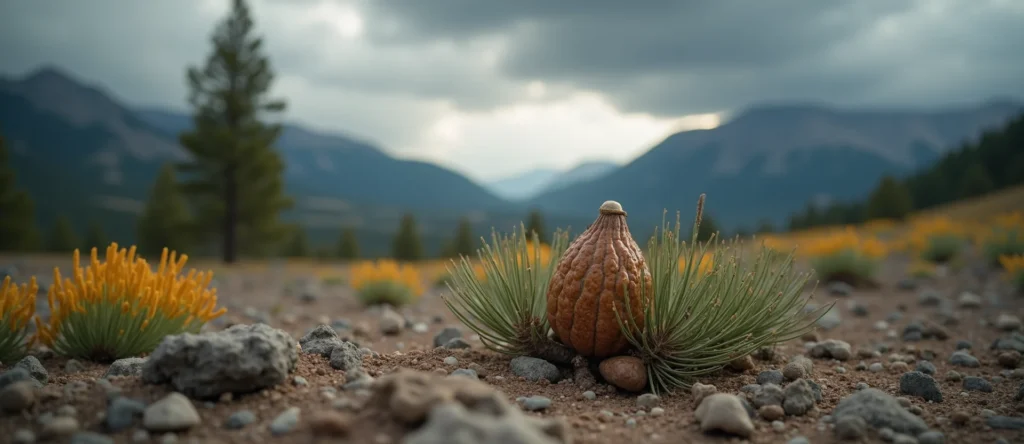 Symbolizing Seed/New Beginning: A local Indian Paintbrush single pine seed on dry earth. - AI Generated