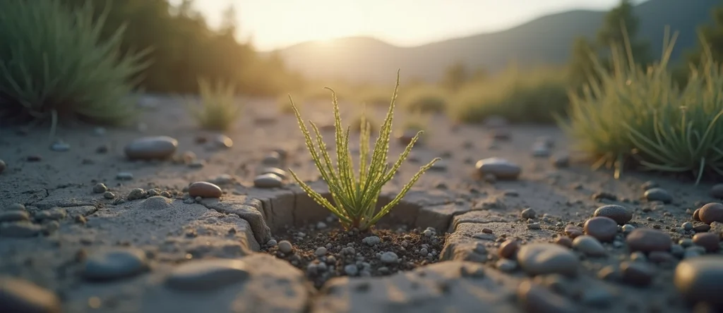 Symbolizing Seed/New Beginning: A local Sagebrush (Artemisia tridentata) shoot emerging from cracked soil. - AI Generated