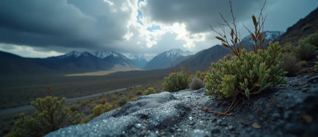 Symbolizing Flow/Cleansing: A local Bitterbrush raindrops on desert leaves. - AI Generated