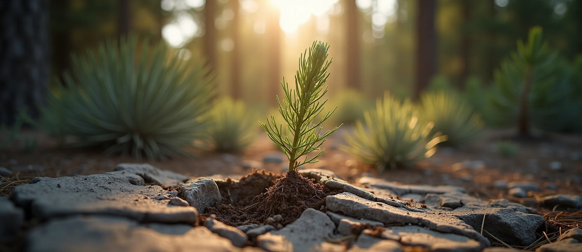 Symbolizing Seed/New Beginning: A local Ponderosa Pine shoot emerging from cracked soil. - AI Generated