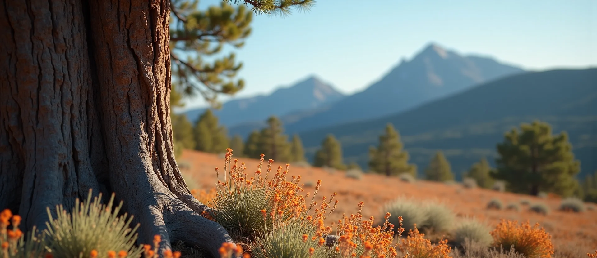 Symbolizing Growth/Resilience: A local Indian Paintbrush sturdy weathered tree trunk. - AI Generated