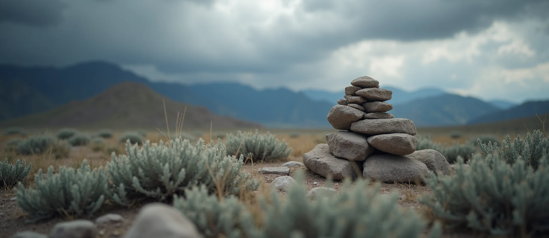 Symbolizing Stability/Peak: A local Sagebrush (Artemisia tridentata) ancient rock cairn. - AI Generated