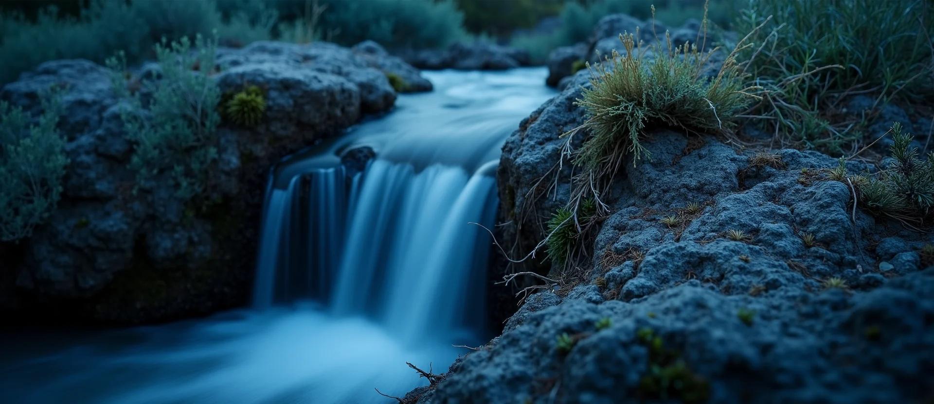 Symbolizing Flow/Cleansing: A local Rabbitbrush hidden small waterfall. - AI Generated