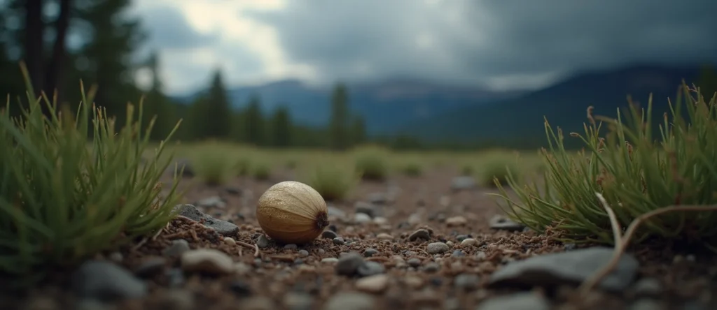 Symbolizing Seed/New Beginning: A local Quaking Aspen single pine seed on dry earth. - AI Generated