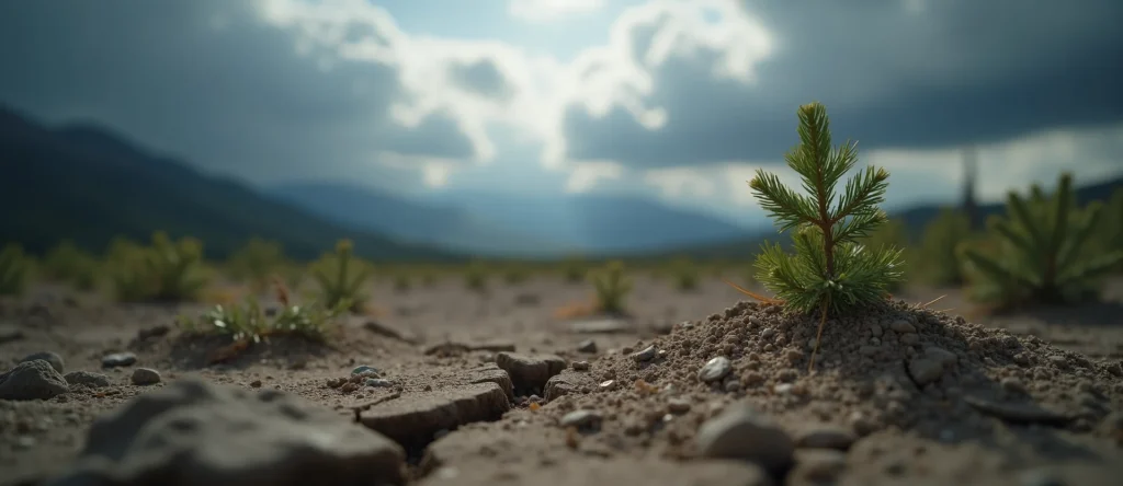 Symbolizing Seed/New Beginning: A local Rabbitbrush shoot emerging from cracked soil. - AI Generated
