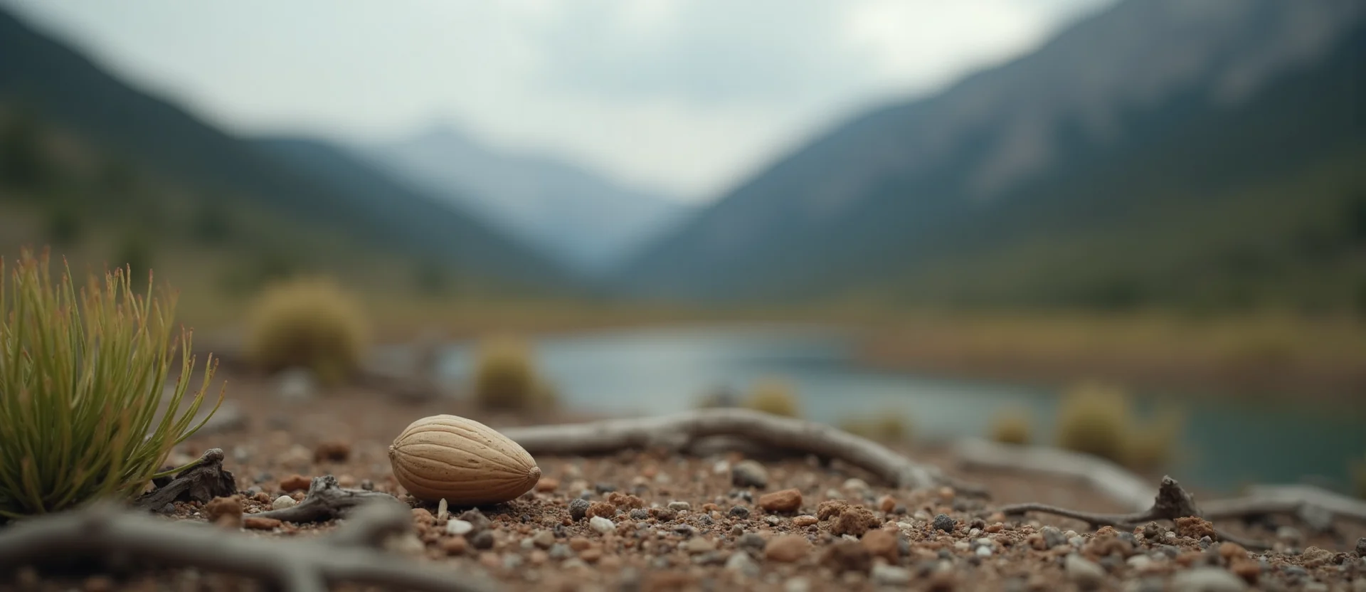 Symbolizing Seed/New Beginning: A local Indian Paintbrush single pine seed on dry earth. - AI Generated