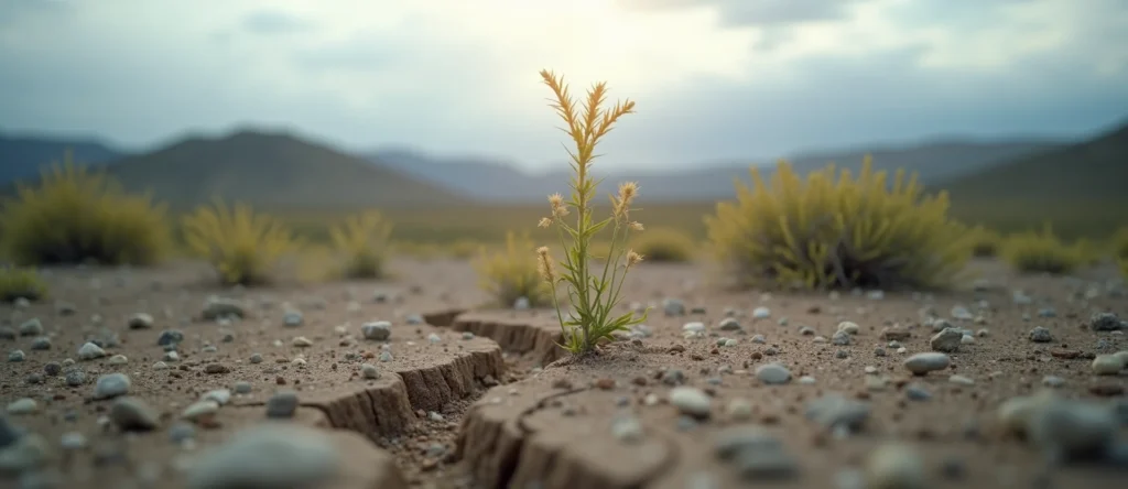 Symbolizing Seed/New Beginning: A local Indian Paintbrush shoot emerging from cracked soil. - AI Generated