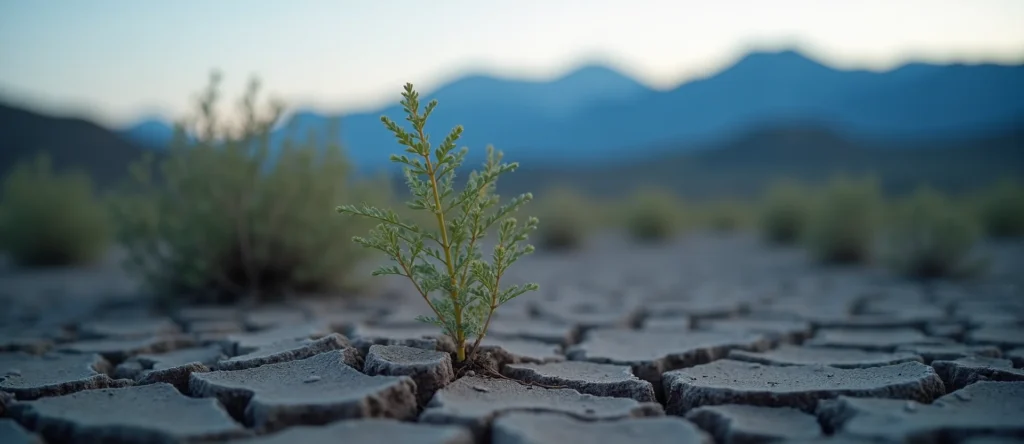 Symbolizing Seed/New Beginning: A local Bitterbrush shoot emerging from cracked soil. - AI Generated