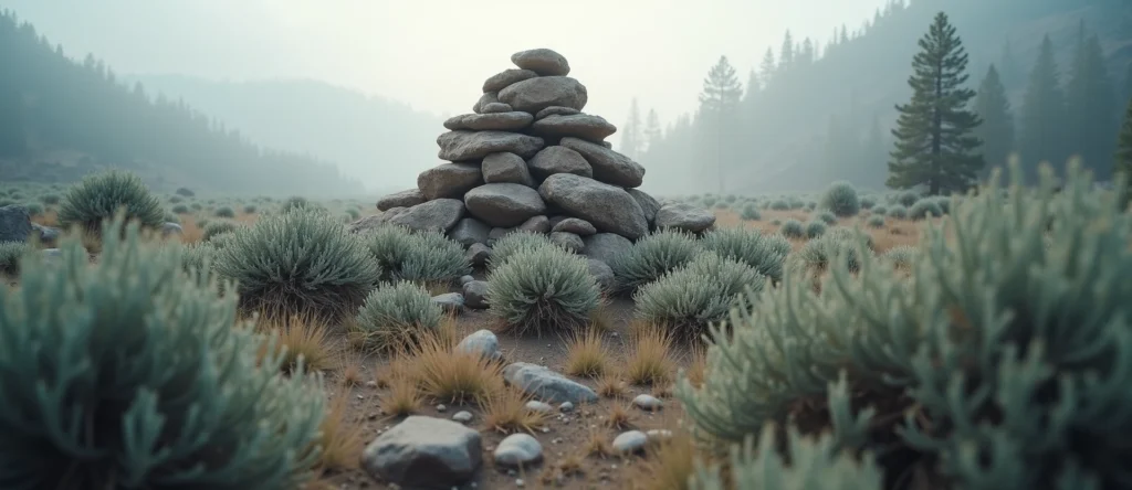 Symbolizing Stability/Peak: A local Sagebrush (Artemisia tridentata) ancient rock cairn. - AI Generated